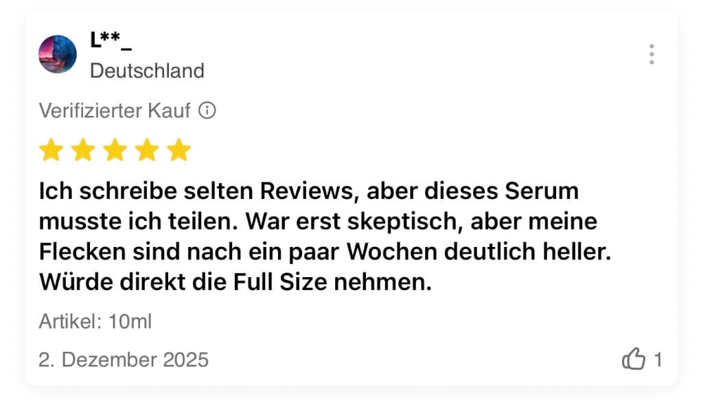 Verifizierte Fünf-Sterne-Bewertung zu einem Serum gegen Pigmentflecken