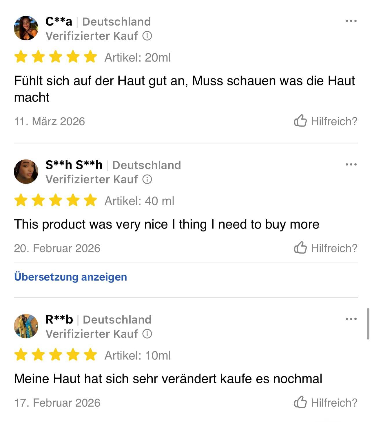 Mehrere verifizierte Fünf-Sterne-Bewertungen zu Hautgefühl und Wiederkauf